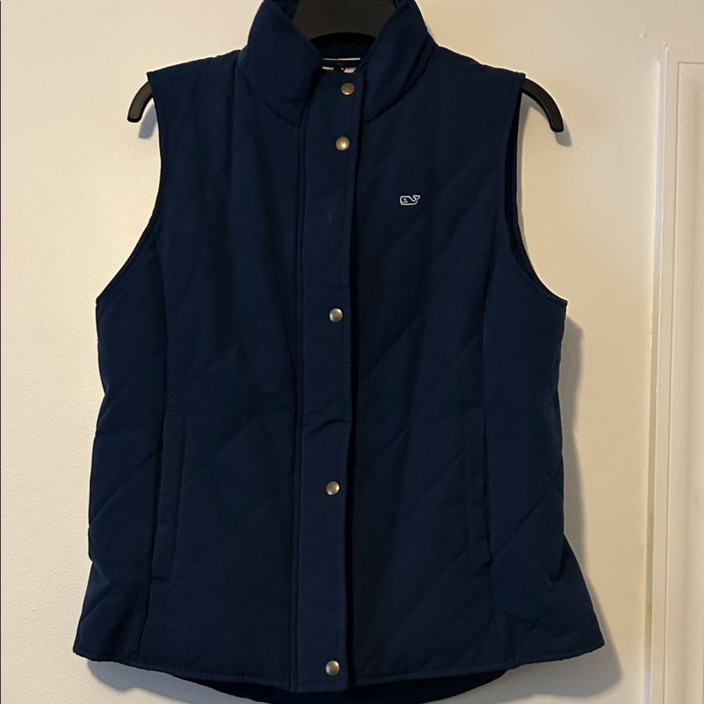 Vineyard Vines- Women's Navy Quilted Zip Up/Gold Button Up Vest, Size Medium